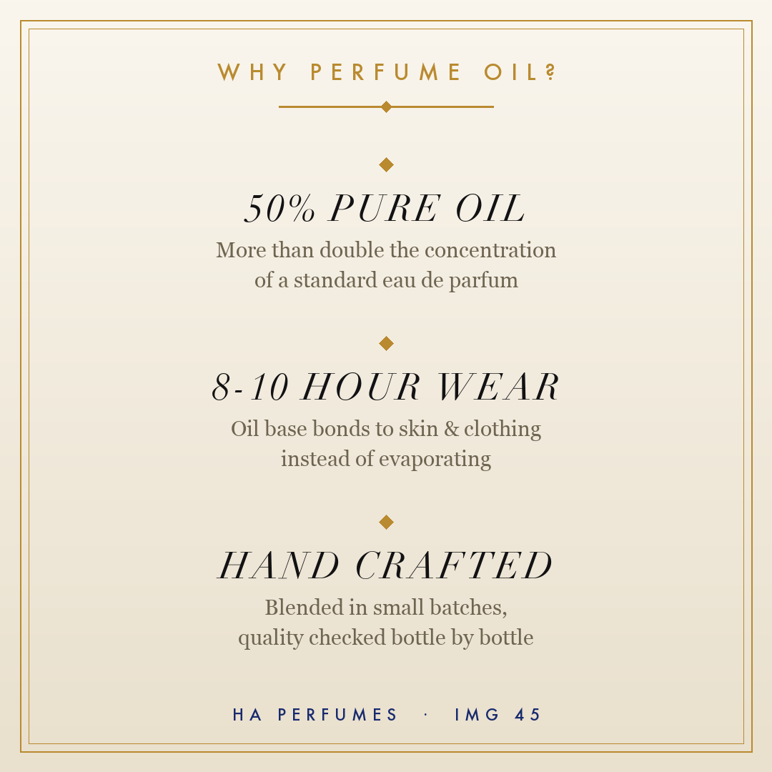 Why perfume oil - 50% pure oil concentration, 8-10 hour wear, hand crafted small batches